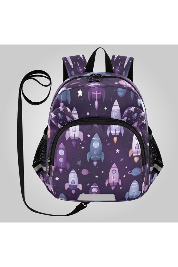 Adorable Ear-Print Backpack with Reflective Strip and Anti-Lost Leash Adjustable Shoulder Straps Mini Travel Backpack Cute Space Rocket Pattern