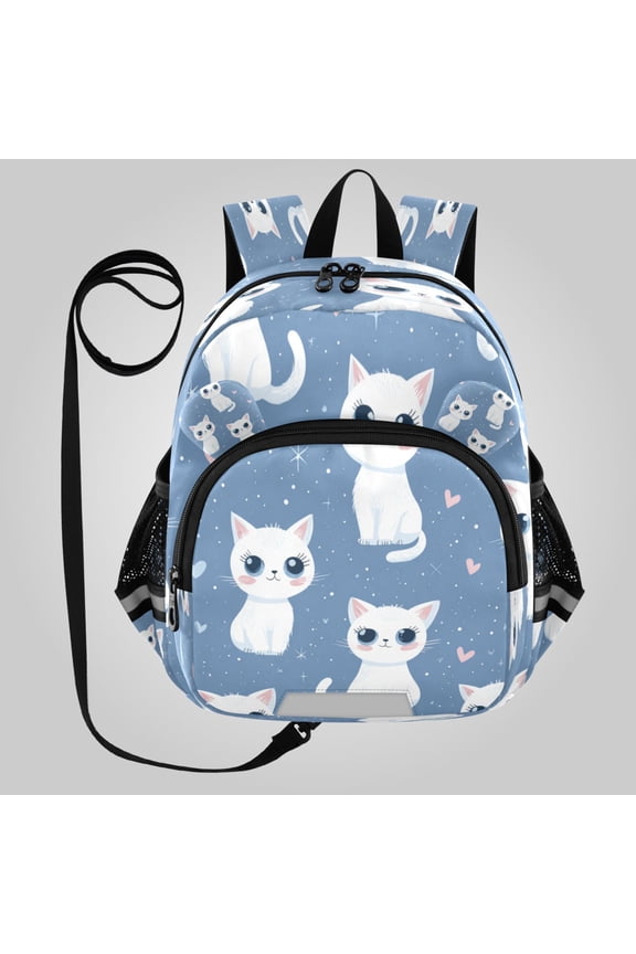 Adorable Ear-Print Backpack with Reflective Strip and Anti-Lost Leash Adjustable Shoulder Straps Mini Travel Backpack Cute White Cat Seamless Pattern