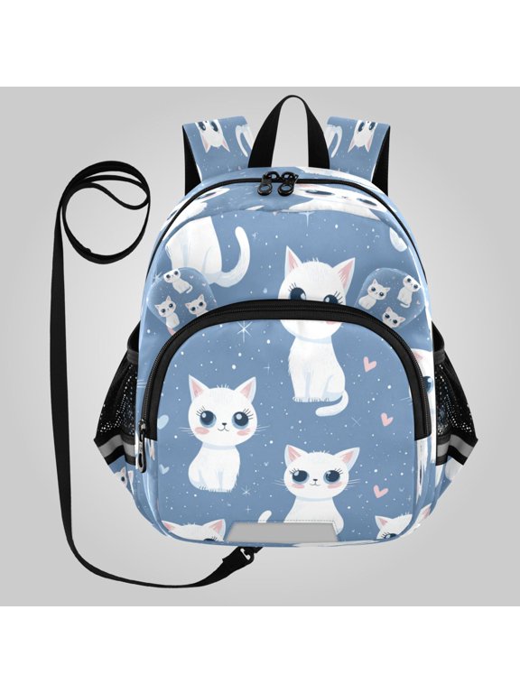 Adorable Ear-Print Backpack with Reflective Strip and Anti-Lost Leash Adjustable Shoulder Straps Mini Travel Backpack Cute White Cat Seamless Pattern