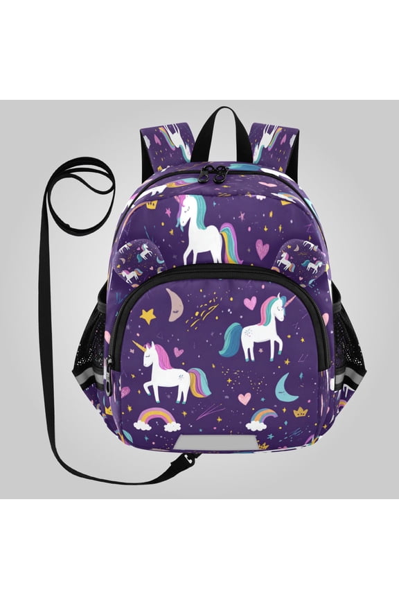 Adorable Ear-Print Backpack with Reflective Strip and Anti-Lost Leash Adjustable Shoulder Straps Mini Travel Backpack Dark Purple Unicorn Print