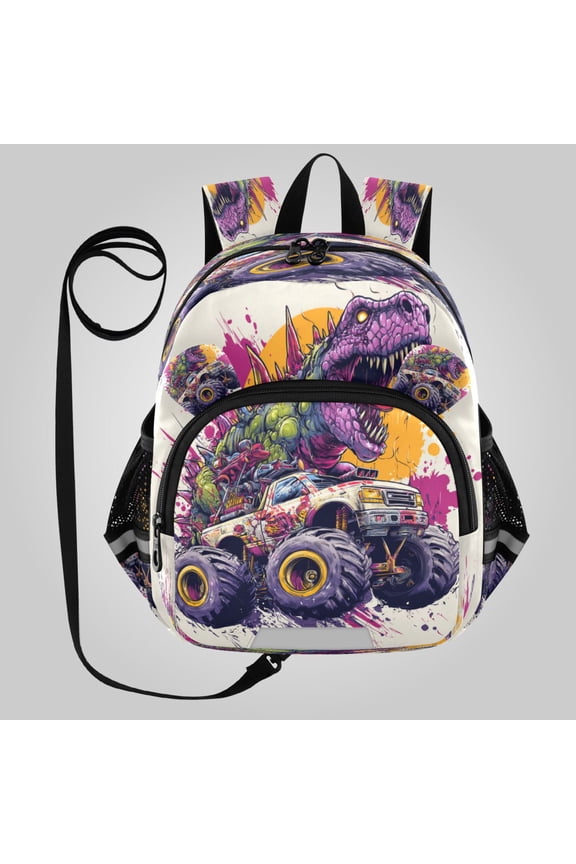 Adorable Ear-Print Backpack with Reflective Strip and Anti-Lost Leash Adjustable Shoulder Straps Mini Travel Backpack Dino-monster Truck Hybrid