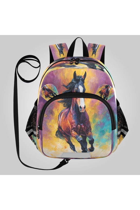 Adorable Ear-Print Backpack with Reflective Strip and Anti-Lost Leash Adjustable Shoulder Straps Mini Travel Backpack Dynamic Equestrian Art Design
