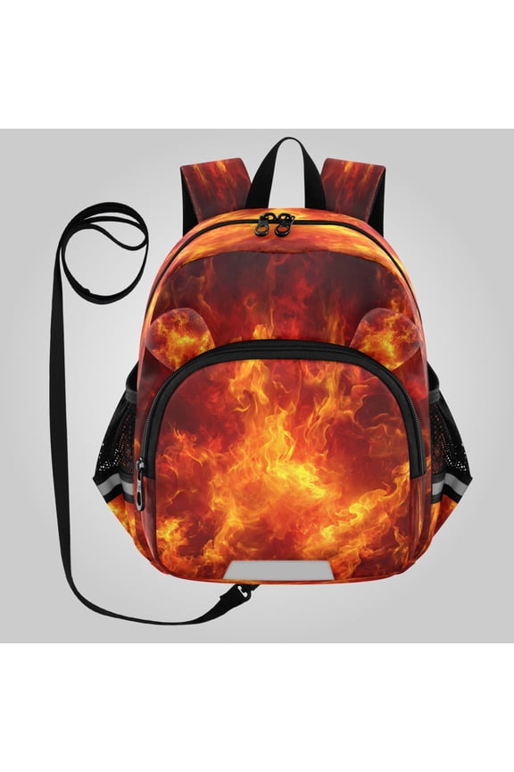Adorable Ear-Print Backpack with Reflective Strip and Anti-Lost Leash Adjustable Shoulder Straps Mini Travel Backpack Dynamic Fire Flame Pattern