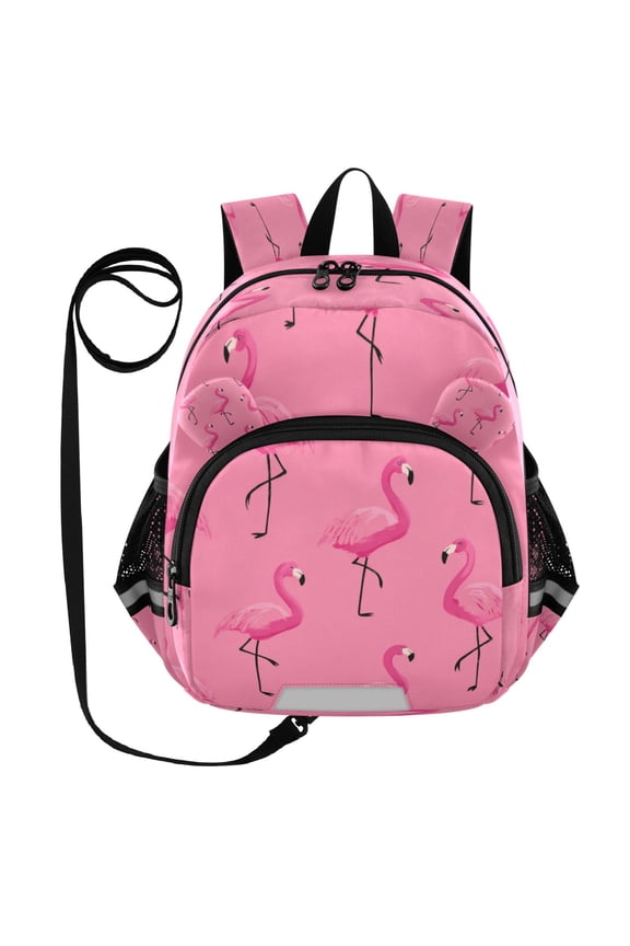 Adorable Ear-Print Backpack with Reflective Strip and Anti-Lost Leash Adjustable Shoulder Straps Mini Travel Backpack Flock Of Cartoon Flamingos