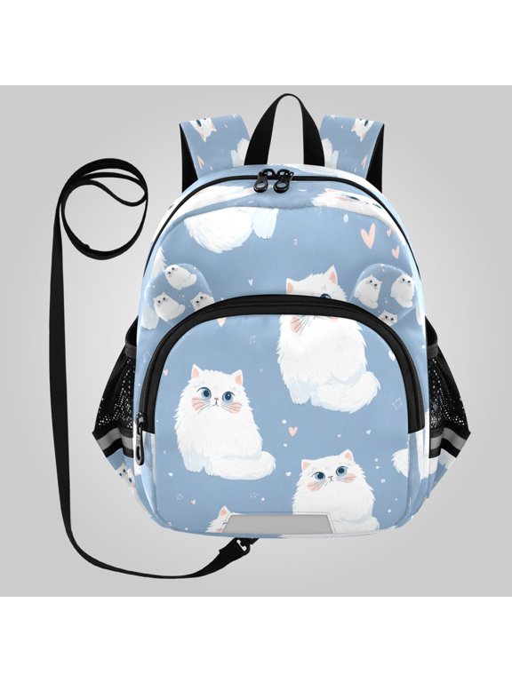 Adorable Ear-Print Backpack with Reflective Strip and Anti-Lost Leash Adjustable Shoulder Straps Mini Travel Backpack Fluffy White Cat Seamless Pattern