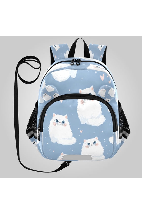 Adorable Ear-Print Backpack with Reflective Strip and Anti-Lost Leash Adjustable Shoulder Straps Mini Travel Backpack Fluffy White Cat Seamless Pattern