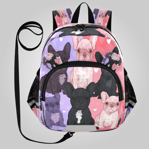 RMDQTR Adorable Ear-Print Backpack with Reflective Strip and Anti-Lost Leash Adjustable Shoulder Straps Mini Travel Backpack Frenchie Squad Love Hearts