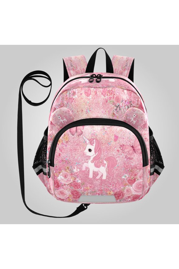 Adorable Ear-Print Backpack with Reflective Strip and Anti-Lost Leash Adjustable Shoulder Straps Mini Travel Backpack Glitter Unicorn Rose Paradise