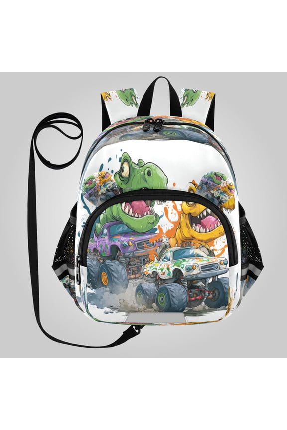 Adorable Ear-Print Backpack with Reflective Strip and Anti-Lost Leash Adjustable Shoulder Straps Mini Travel Backpack Graffiti Dino Truck Showdown