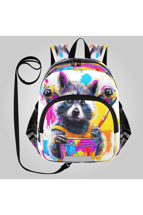 Adorable Ear-Print Backpack with Reflective Strip and Anti-Lost Leash Adjustable Shoulder Straps Mini Travel Backpack Graffiti-painting Raccoon