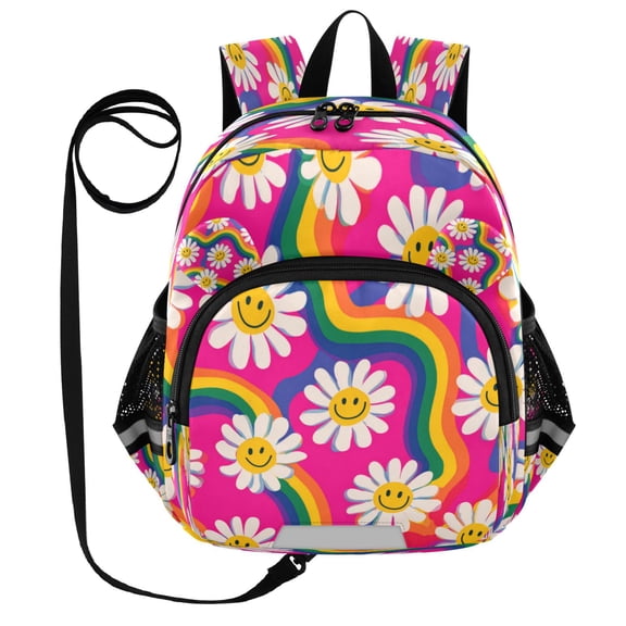 RMDQTR Adorable Ear-Print Backpack with Reflective Strip and Anti-Lost Leash Adjustable Shoulder Straps Mini Travel Backpack Groovy Daisies with Smiley Faces