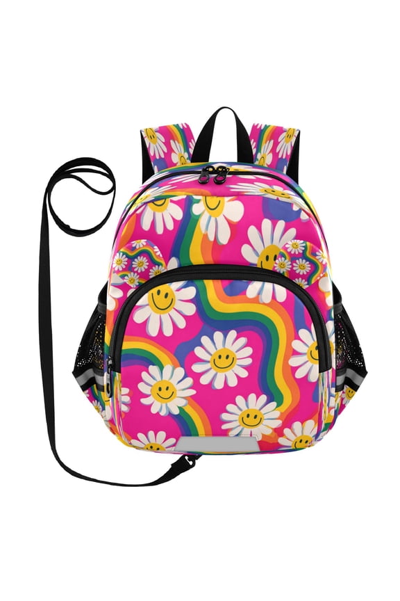 Adorable Ear-Print Backpack with Reflective Strip and Anti-Lost Leash Adjustable Shoulder Straps Mini Travel Backpack Groovy Daisies with Smiley Faces