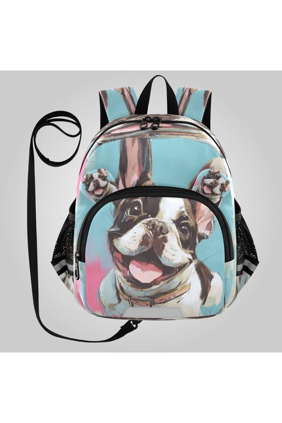Adorable Ear-Print Backpack with Reflective Strip and Anti-Lost Leash Adjustable Shoulder Straps Mini Travel Backpack Happy Frenchie Pop Portrait