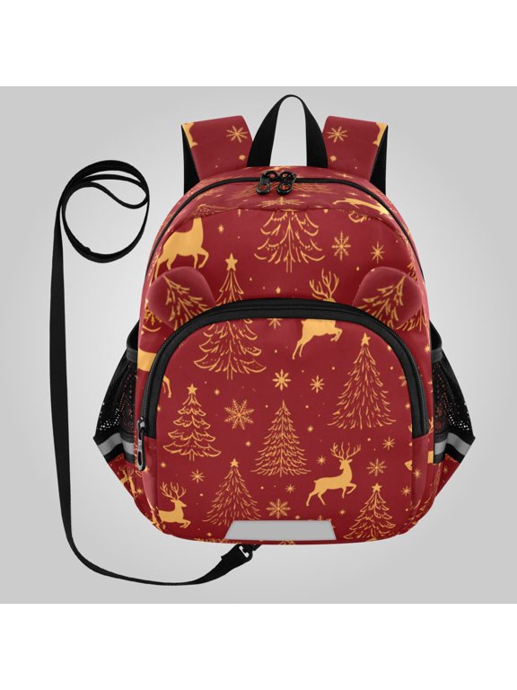 Adorable Ear-Print Backpack with Reflective Strip and Anti-Lost Leash Adjustable Shoulder Straps Mini Travel Backpack Holiday Deer Tree Pattern