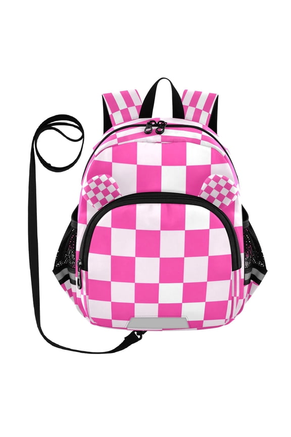 Adorable Ear-Print Backpack with Reflective Strip and Anti-Lost Leash Adjustable Shoulder Straps Mini Travel Backpack Hot Pink Checkered Pattern