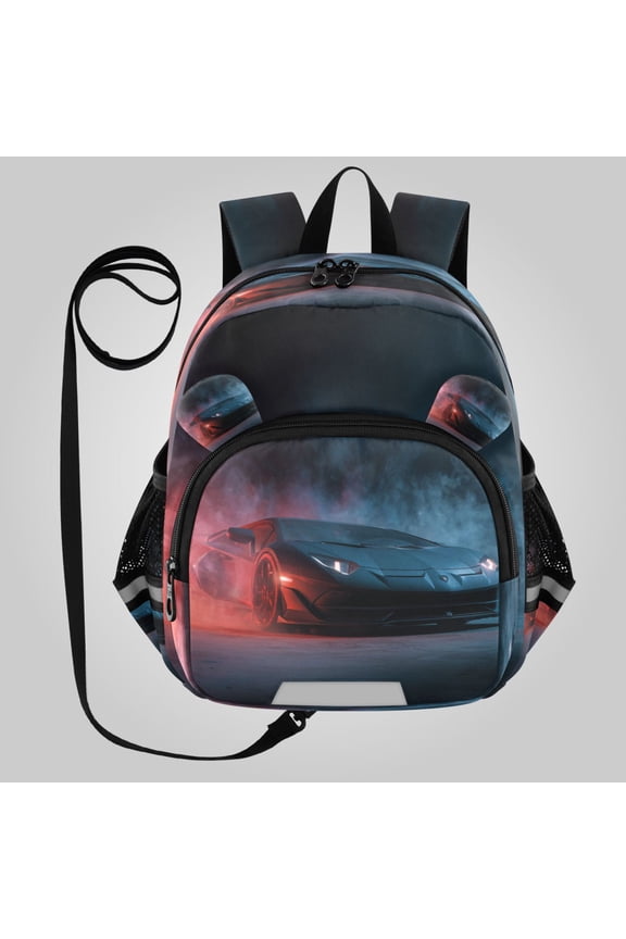 Adorable Ear-Print Backpack with Reflective Strip and Anti-Lost Leash Adjustable Shoulder Straps Mini Travel Backpack Hyper-realistic Black Racing Car