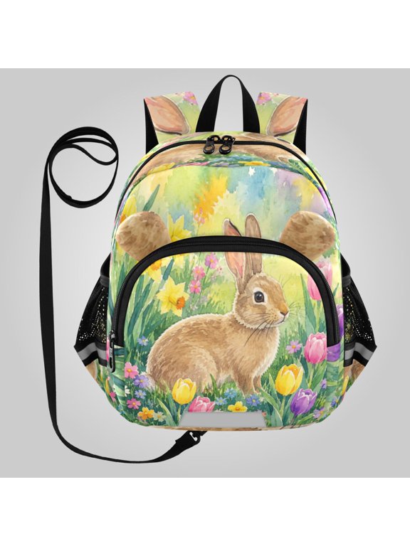 Adorable Ear-Print Backpack with Reflective Strip and Anti-Lost Leash Adjustable Shoulder Straps Mini Travel Backpack Joyful Spring Rabbit Garden