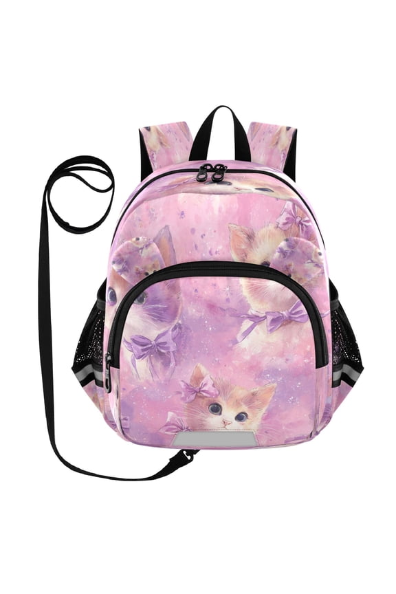 Adorable Ear-Print Backpack with Reflective Strip and Anti-Lost Leash Adjustable Shoulder Straps Mini Travel Backpack Kittens with Bows Pattern