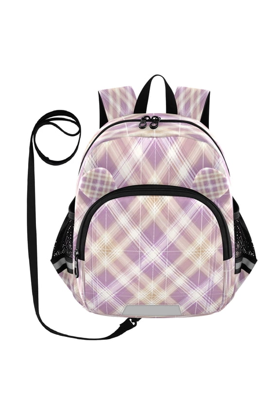 Adorable Ear-Print Backpack with Reflective Strip and Anti-Lost Leash Adjustable Shoulder Straps Mini Travel Backpack Light Pink Checkered Pattern