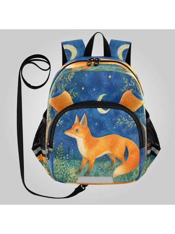 Adorable Ear-Print Backpack with Reflective Strip and Anti-Lost Leash Adjustable Shoulder Straps Mini Travel Backpack Mystical Fox Night Forest