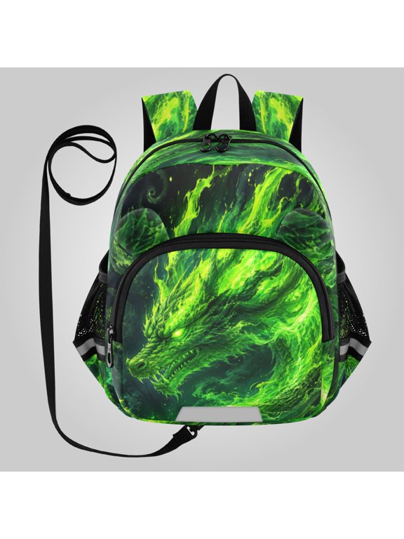 Adorable Ear-Print Backpack with Reflective Strip and Anti-Lost Leash Adjustable Shoulder Straps Mini Travel Backpack Mythical Green Dragon Flame