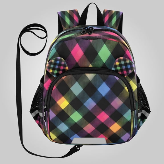 RMDQTR Adorable Ear-Print Backpack with Reflective Strip and Anti-Lost Leash Adjustable Shoulder Straps Mini Travel Backpack Neon Rainbow Checkered Pattern