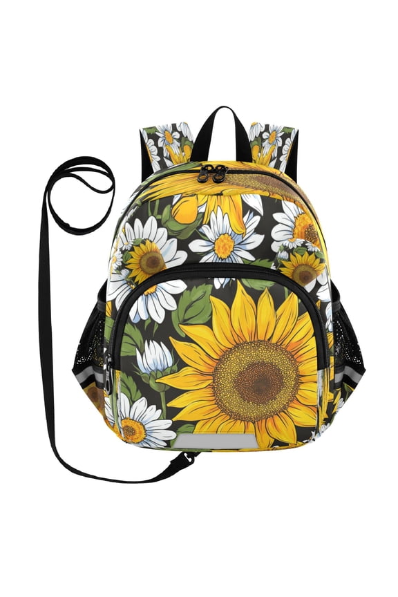 Adorable Ear-Print Backpack with Reflective Strip and Anti-Lost Leash Adjustable Shoulder Straps Mini Travel Backpack Painting Daisy Sunflowers