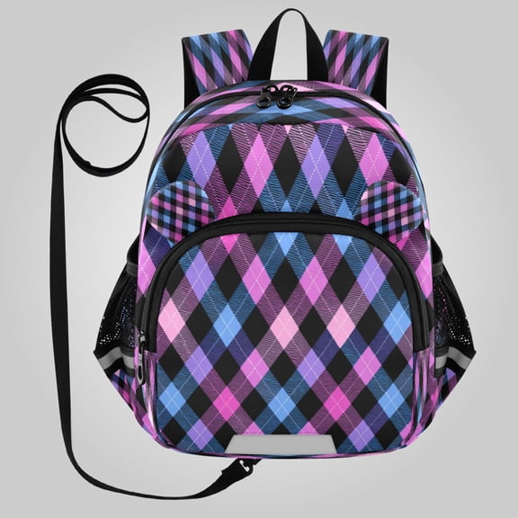 RMDQTR Adorable Ear-Print Backpack with Reflective Strip and Anti-Lost Leash Adjustable Shoulder Straps Mini Travel Backpack Pastel Gradient Diamond Plaid