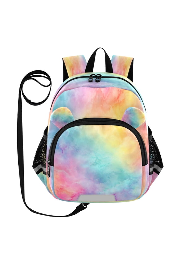 Adorable Ear-Print Backpack with Reflective Strip and Anti-Lost Leash Adjustable Shoulder Straps Mini Travel Backpack Pastel Rainbow Tie-dye Pattern