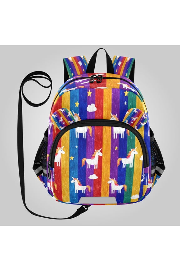 Adorable Ear-Print Backpack with Reflective Strip and Anti-Lost Leash Adjustable Shoulder Straps Mini Travel Backpack Playful Rainbow Unicorn Artwork