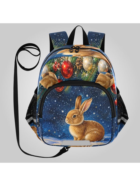 Adorable Ear-Print Backpack with Reflective Strip and Anti-Lost Leash Adjustable Shoulder Straps Mini Travel Backpack Rabbit Christmas Ornament