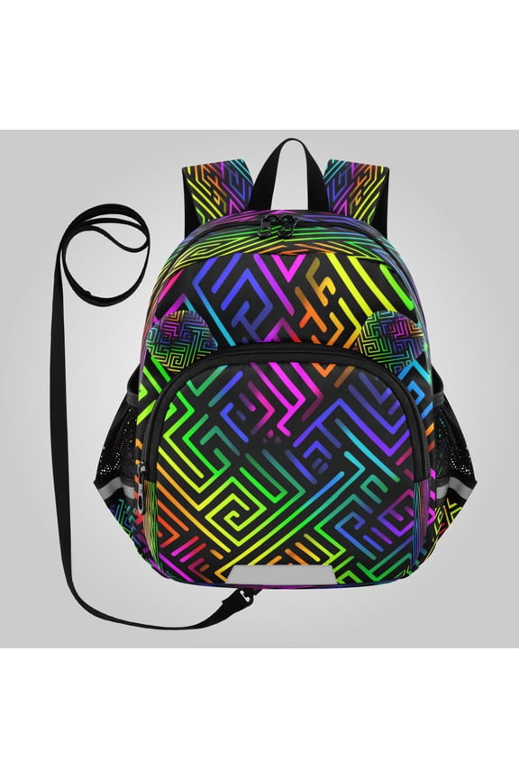 Adorable Ear-Print Backpack with Reflective Strip and Anti-Lost Leash Adjustable Shoulder Straps Mini Travel Backpack Rainbow Neon Labyrinth Print