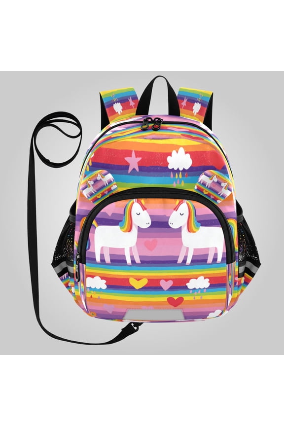 Adorable Ear-Print Backpack with Reflective Strip and Anti-Lost Leash Adjustable Shoulder Straps Mini Travel Backpack Rainbow Striped Unicorn Print
