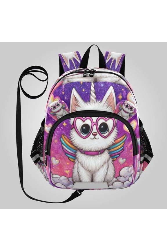 Adorable Ear-Print Backpack with Reflective Strip and Anti-Lost Leash Adjustable Shoulder Straps Mini Travel Backpack Rainbow Wing Caticorn Print
