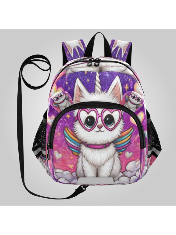 Adorable Ear-Print Backpack with Reflective Strip and Anti-Lost Leash Adjustable Shoulder Straps Mini Travel Backpack Rainbow Wing Caticorn Print