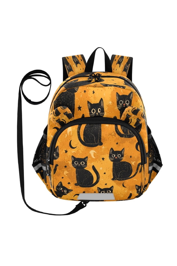 Adorable Ear-Print Backpack with Reflective Strip and Anti-Lost Leash Adjustable Shoulder Straps Mini Travel Backpack Repeating Mysterious Black Cat Pattern