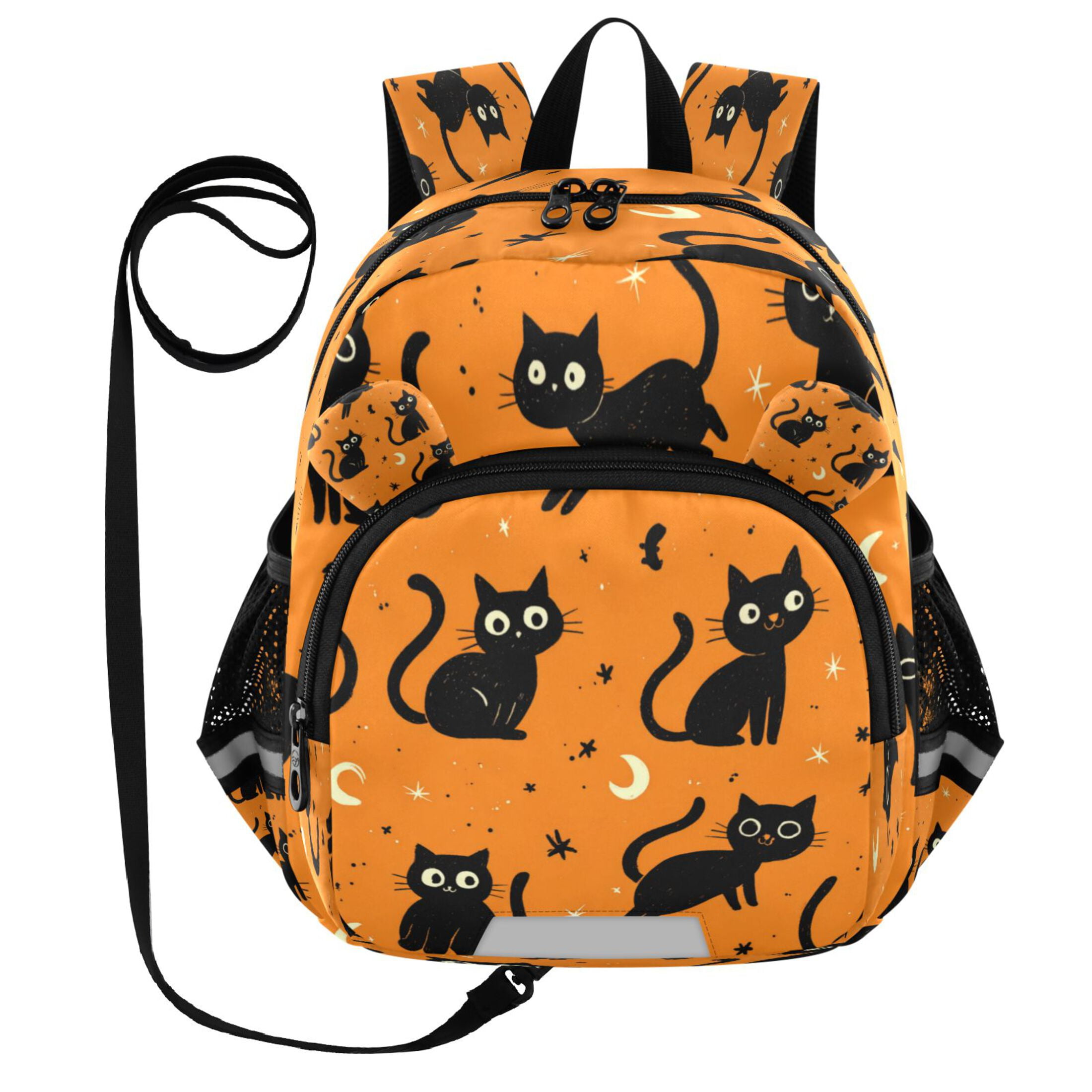 RMDQTR Adorable Ear-Print Backpack with Reflective Strip and Anti-Lost Leash Adjustable Shoulder Straps Mini Travel Backpack Repetitive Play Black Cat Pattern