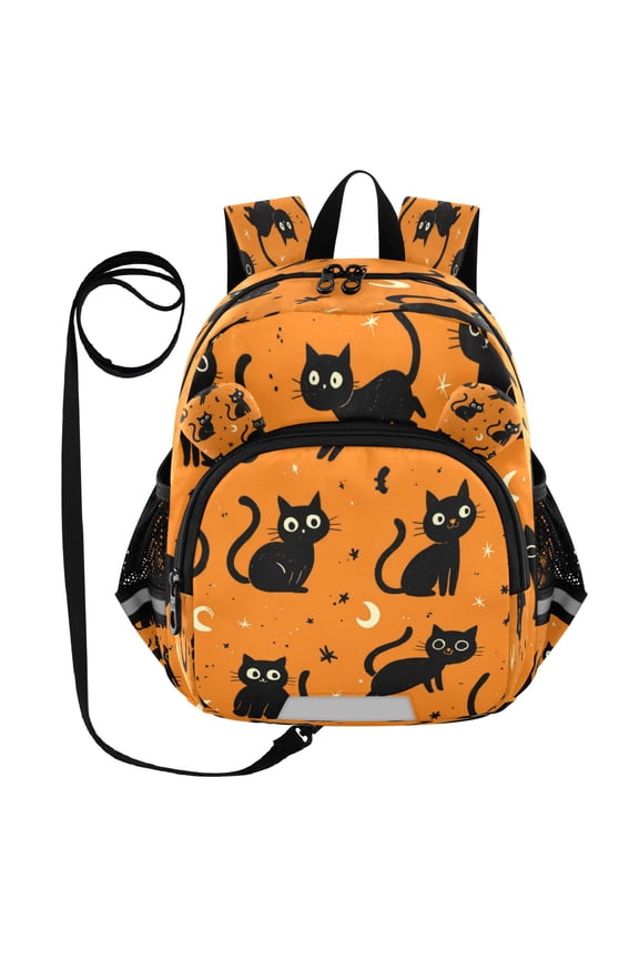 Adorable Ear-Print Backpack with Reflective Strip and Anti-Lost Leash Adjustable Shoulder Straps Mini Travel Backpack Repetitive Play Black Cat Pattern
