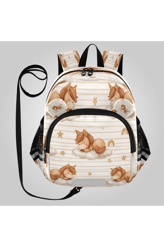 Adorable Ear-Print Backpack with Reflective Strip and Anti-Lost Leash Adjustable Shoulder Straps Mini Travel Backpack Sleepy Unicorn Illustration