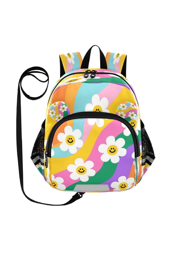 Adorable Ear-Print Backpack with Reflective Strip and Anti-Lost Leash Adjustable Shoulder Straps Mini Travel Backpack Smiley Daisy on Rainbow Background