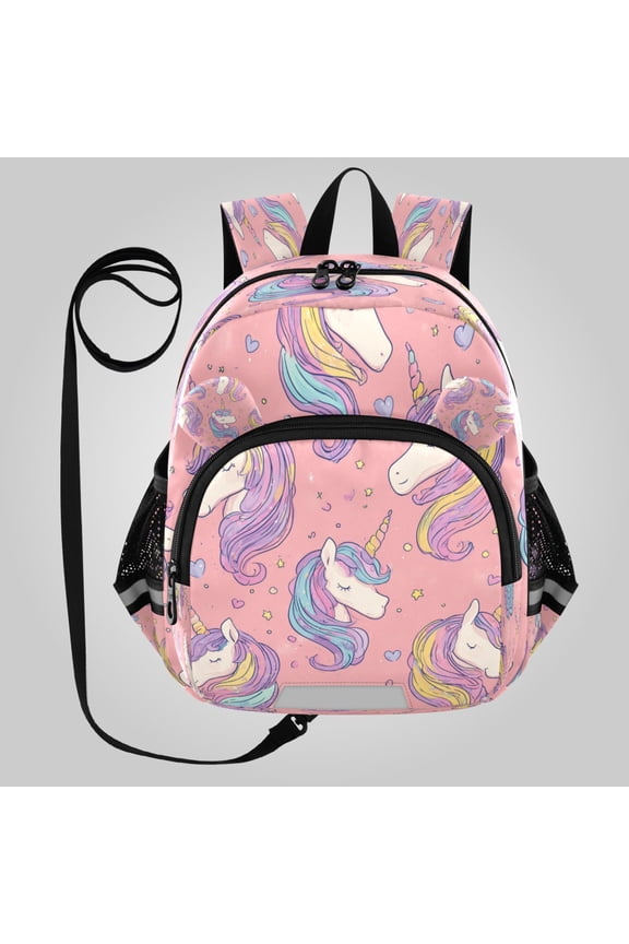 Adorable Ear-Print Backpack with Reflective Strip and Anti-Lost Leash Adjustable Shoulder Straps Mini Travel Backpack Soft Pink Unicorn Illustration