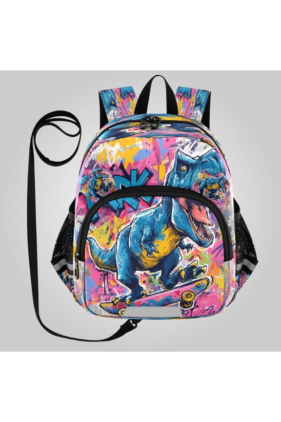 Adorable Ear-Print Backpack with Reflective Strip and Anti-Lost Leash Adjustable Shoulder Straps Mini Travel Backpack Street Art Dinosaur Design