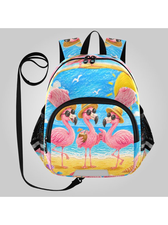 Adorable Ear-Print Backpack with Reflective Strip and Anti-Lost Leash Adjustable Shoulder Straps Mini Travel Backpack Summer Flamingo Friends Print
