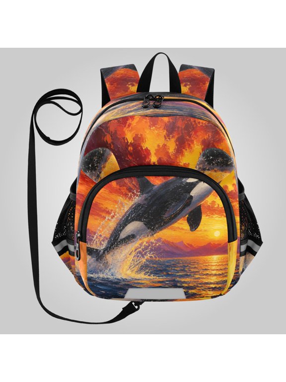 Adorable Ear-Print Backpack with Reflective Strip and Anti-Lost Leash Adjustable Shoulder Straps Mini Travel Backpack Sunset Ocean Orca Painting