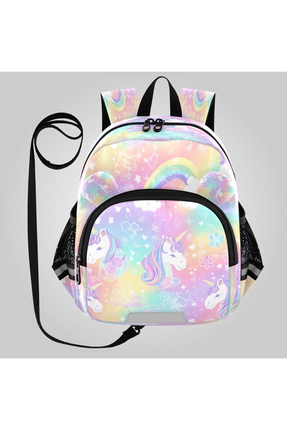 Adorable Ear-Print Backpack with Reflective Strip and Anti-Lost Leash Adjustable Shoulder Straps Mini Travel Backpack Sweet Rainbow Unicorn Party