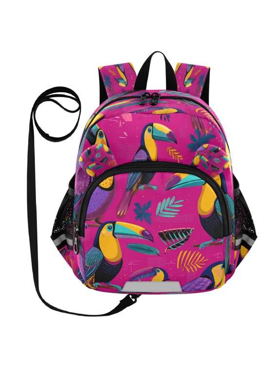 Adorable Ear-Print Backpack with Reflective Strip and Anti-Lost Leash Adjustable Shoulder Straps Mini Travel Backpack Toucan in The Pink Jungle