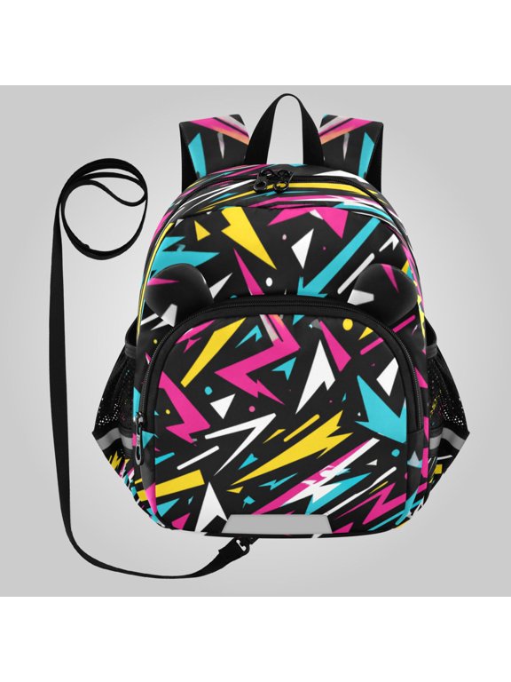 Adorable Ear-Print Backpack with Reflective Strip and Anti-Lost Leash Adjustable Shoulder Straps Mini Travel Backpack Vibrant Lightning Bolt Pattern