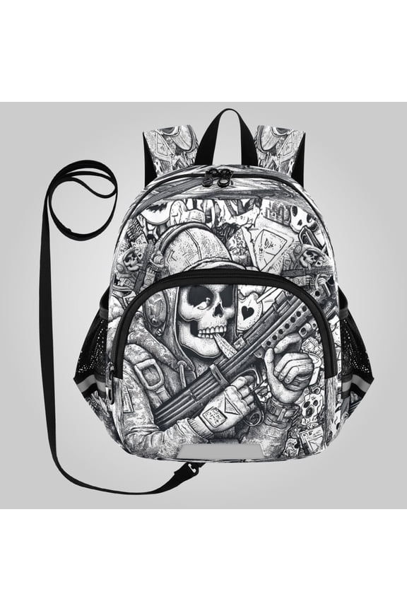 Adorable Ear-Print Backpack with Reflective Strip and Anti-Lost Leash Adjustable Shoulder Straps Mini Travel Backpack Wasteland Tactical Skeleton Print