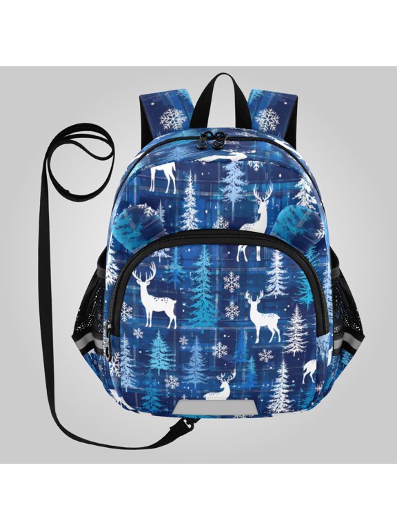 Adorable Ear-Print Backpack with Reflective Strip and Anti-Lost Leash Adjustable Shoulder Straps Mini Travel Backpack Winter Cozy Forest Deer Pattern