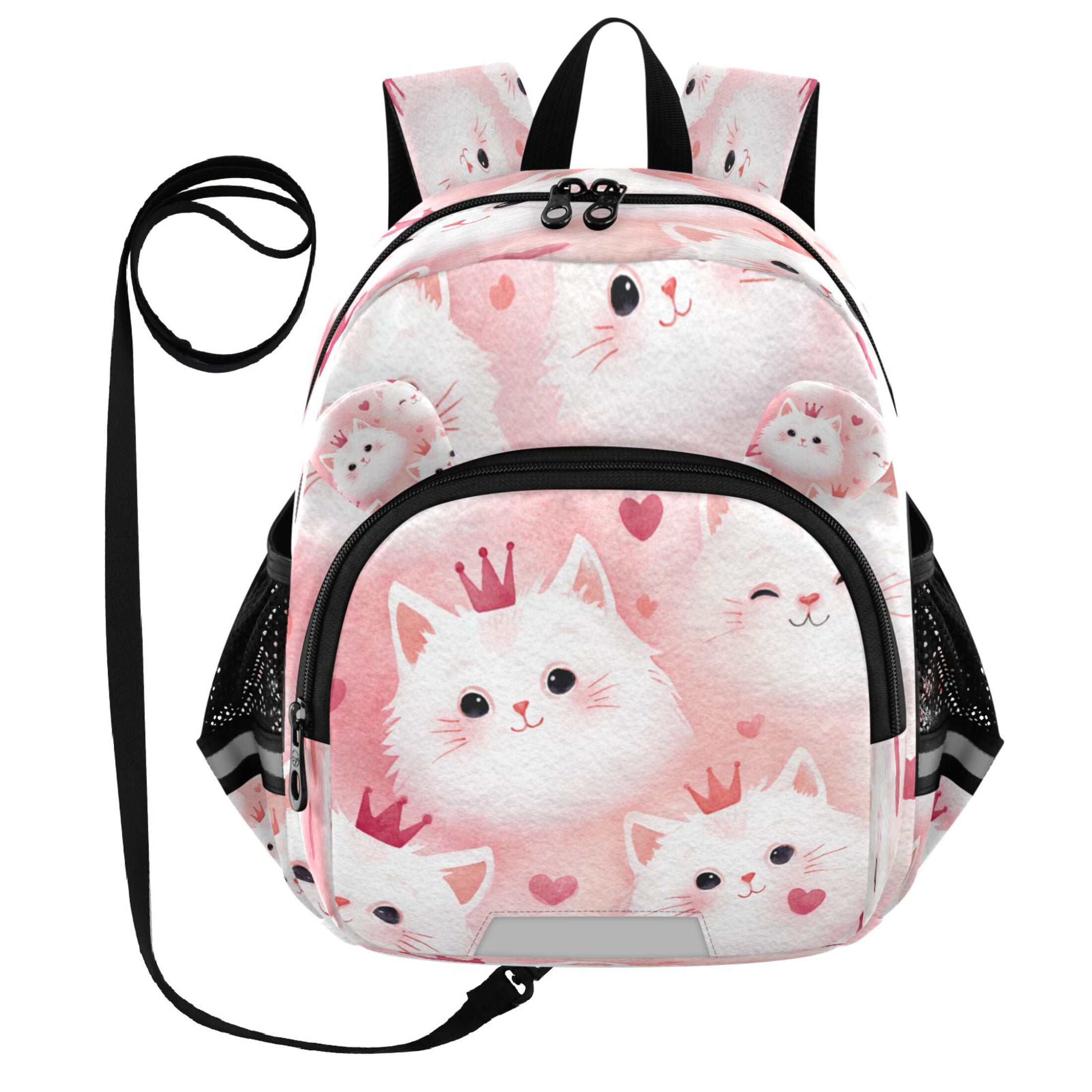 RMDQTR Adorable Ear-Print Backpack with Reflective Strip and Anti-Lost Leash Adjustable Shoulder Straps Mini Travel Backpack Adorable White Cat Faces